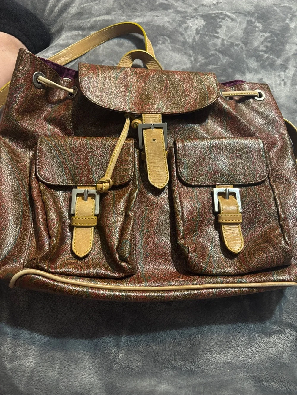 Etro Brown Paisley Drawstring Backpack with Tan Trim